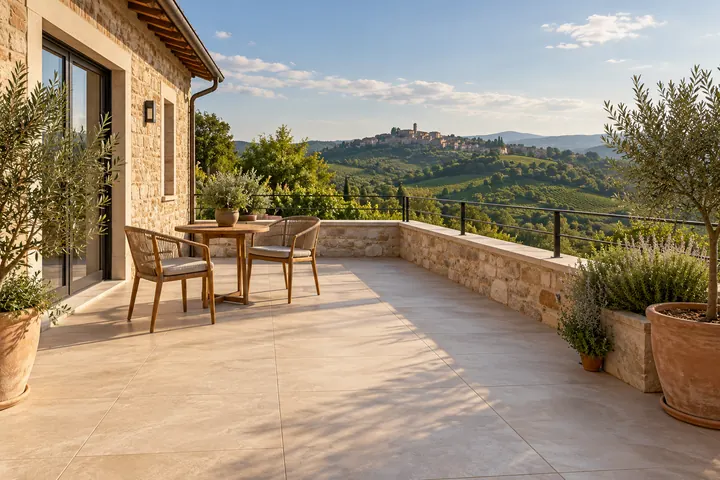 Una terrazza pavimentata in pietra chiara, con vista sulle colline